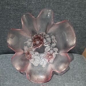 Vintage Pink Glass Scallop Bowl Etched Flower Design on Bottom Depression
